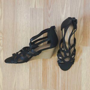Black Strappy Wooden Wedge Heels